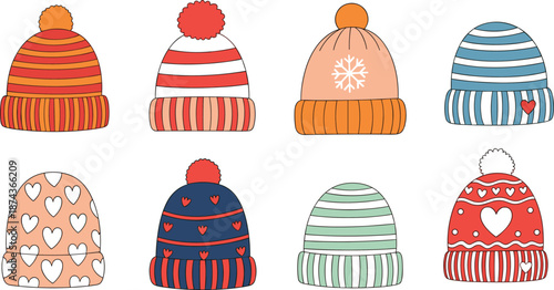 Colorful winter hats collection with pom-poms, stripes, hearts, snowflakes, cartoon style, seasonal fashion, cozy accessories, festive design - flat vector illustration