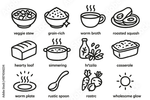 Wholesome Meal Icons. Wholesome Hearty Meals set in outline vector style: veggie stew, grain-rich bowl, warm broth cup, roasted squash, hearty loaf, simmering