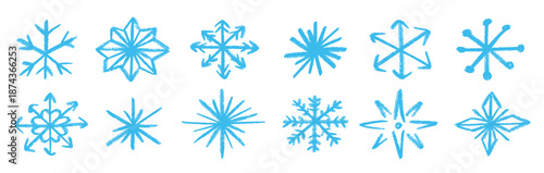  blue doodle snowflakes set crayon hand drawn snow flake