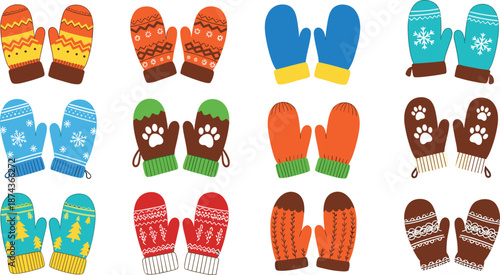 Colorful winter mittens set, festive glove designs, seasonal accessories, cozy handwear collection, holiday patterns, flat vector illustration