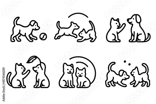 Playful Animal Icons. Animal Bonds play set in outline vector style: ball toss, chase arc, playful paw, feather toy, joyful swirl, bouncing dots