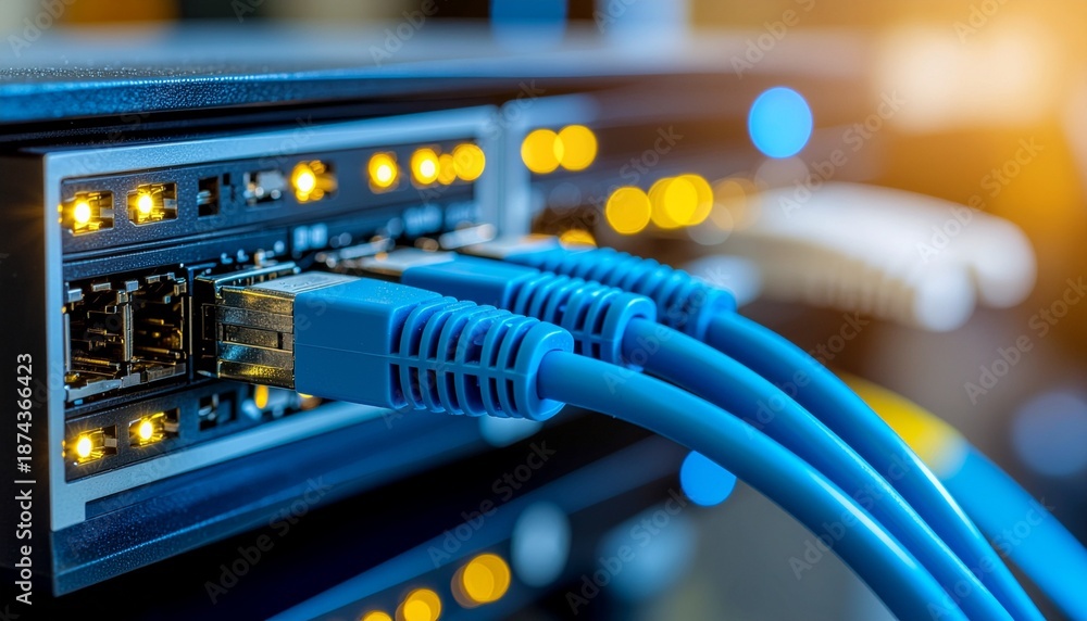 Naklejka premium Close up image of network cables plugged into a router or switch