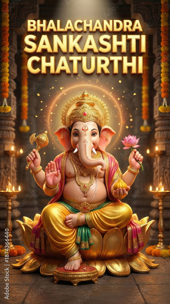 Fototapeta premium Ganesha Idol Bhalachandra Sankashti Chaturthi Hindu God Divine Blessing Golden Temple Decor