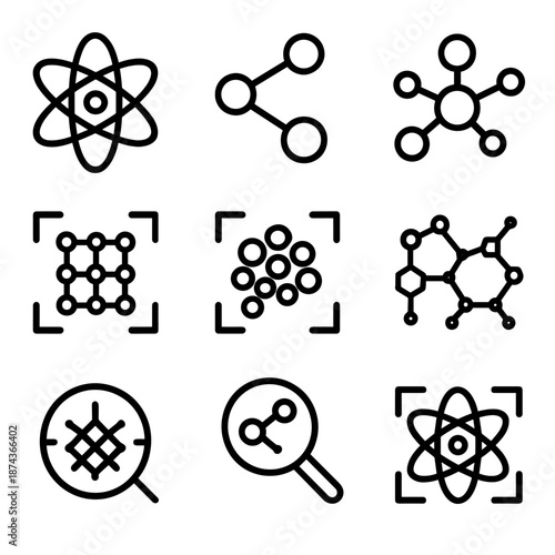 Molecular Icon Set. Molecular Focus set in outline vector style: atom icon, molecular bond, electron orbit, nucleus core, chemical structure, lattice grid, particle cluster, focus lens