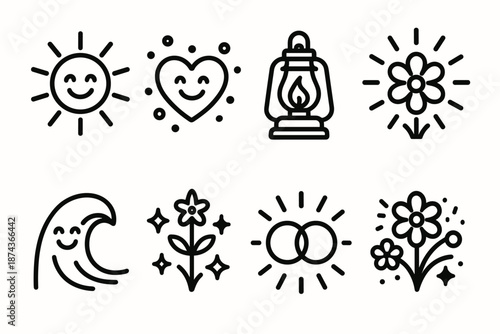 Joyful Icons Display. March 8 Joyful Warmth set in outline vector style: uplifting sun, cheerful heart, soft confetti, warm lantern, radiant aura, joyful wave, blossom spark, bright connection