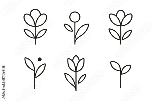 Minimal Flora Icons. Garden Offering Minimal Flora set in outline vector style : simple petal curve, soft gradient orb, subtle leaf dash, clean arc line, muted dot, delicate form