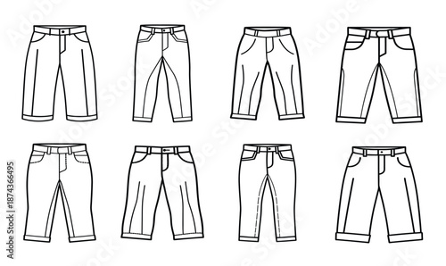 Eight Black Line Drawings of Cropped Trousers pants