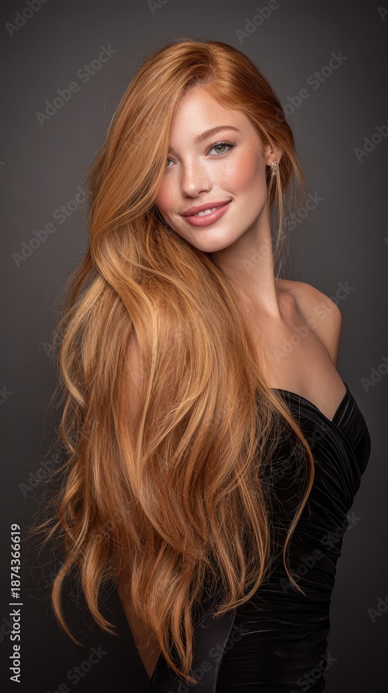 Naklejka premium Elegant young woman with flowing long red hair smiling, posing in a black strapless dress against a studio background, showcasing beauty, confidence, and natural charm