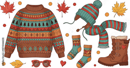 Autumn fashion essentials, cozy fall clothing, seasonal accessories, warm colors, stylish outfit elements, flat vector illustration for seasonal design