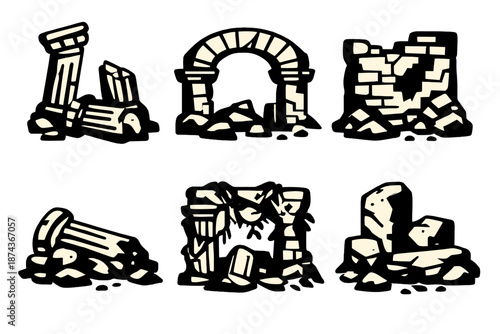 Ancient Ruins Icons. Ancient ruins icon set in silhouette bold style. Contain broken columns, stone arches, crumbling walls, fallen pillars, overgrown vines, historic stones