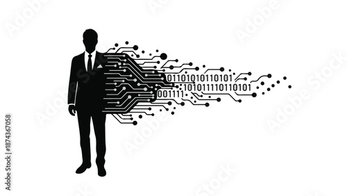 Silhouette of businessman with circuit board and binary code emerging from his back