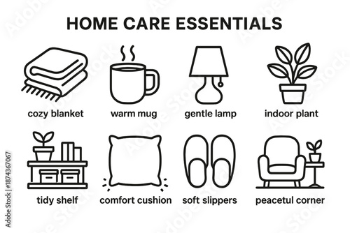 Cozy Home Icons. Home Care Essentials set in outline vector style: cozy blanket, warm mug, gentle lamp, indoor plant, tidy shelf, comfort cushion, soft slippers, peaceful corner