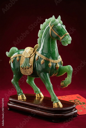 Traditional Chinese Jade Horse Figurine with Gold Accents and Elaborate Ceremonial Saddle Display Piece