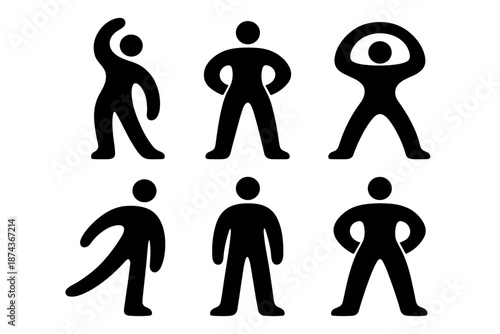 Brutalist Figurative Icons. Figural Shape icon set in silhouette bold style. Contain abstract body form, smooth limb curve, centered head dot, balanced arc, subtle outline, grounded stance