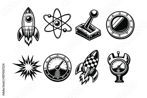 Retro Rocket Icons. Retro rocketsset in outline vector style vintage rocket body, chrome fins, atomic swirl, classic control lever, round porthole, checker pattern tail, spark burst, retro gauge