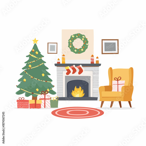 A cozy living room scene with a Christmas tree, fireplace, and chair, decorated for the holiday season, viewed from a straightforward angle.