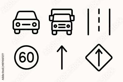 Traffic Symbol Icons. Highway Flow traffic set in outline vector style: car silhouette, truck icon, lane divider, speed sign, flow arrow, merge symbol