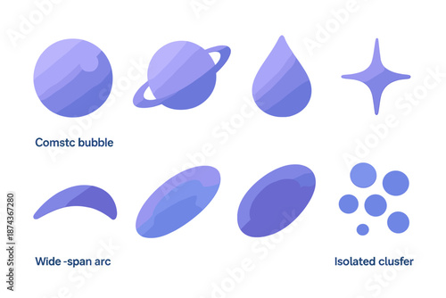 Isometric Space Icons. Outer Sphere set in isometric flat vector : cosmic bubble, remote planet shape, soft orbital ring, farlight droplet, subtle star point,