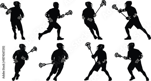Lacrosse players silhouette set, sports action poses, black vector illustration, athletes training game moments, isolated on white background design collection