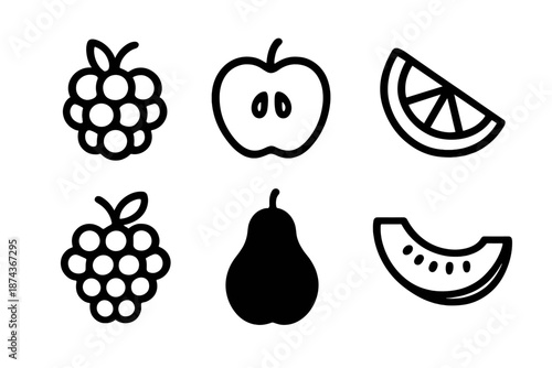 Fruit Icon Silhouettes. Sweet Treats fruits set in outline vector style: berry cluster, sliced apple, citrus wedge, melon piece, grape bunch, pear silhouette