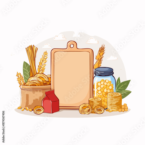 Assorted food items and cooking essentials arranged on a kitchen counter