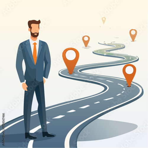 Man in suit standing on winding road with map pins indicating journey