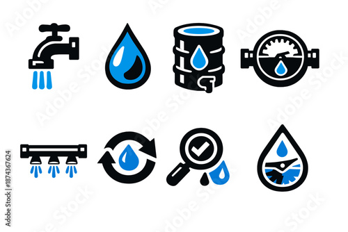 Water Efficiency Icons. Water efficiency icon set in silhouette bold style. Contain low-flow faucet, drip icon, rain barrel, water meter, irrigation line, reuse