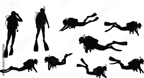 Scuba diver silhouette set, underwater swimming poses, diving equipment, oxygen tank, fins, adventure, ocean, exploration, black vector illustration isolated background