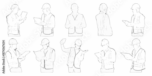 Line art illustration of construction workers in various poses and outfits