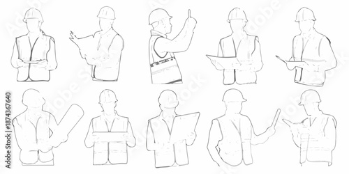 Line art illustration of construction workers in various poses and uniforms