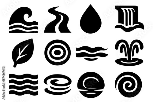 Bold Water Icons. Flow icon set in silhouette bold style. Contain wave, river, water droplet, stream, waterfall, leaf, ripple, current, fountain, pond, wave lines, spiral