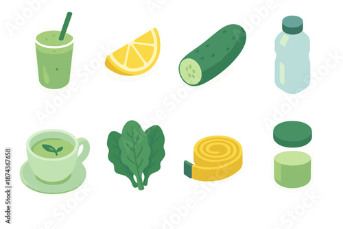 Modern Detox Icons. Detox set in isometric flat vector : green smoothie, lemon, cucumber, water bottle, tea cup, leafy greens, measuring tape, detox jar