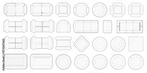 A collection of furniture top down views sofas chairs tables and more