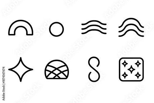 Geometric Icon Formation. Formation Set set in outline vector style : geometric arc line, soft glow bead, layered ripple puff, orderly contour, reflective