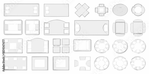 An assortment of gray furniture top down views on a white background