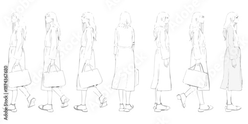Fashion design sketches showing full body views of women with shopping bags