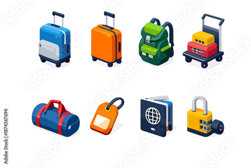 Stylish Luggage Icons. Luggage set in isometric flat vector : travel bag, suitcase, backpack, trolley, duffel bag, luggage tag, passport, lock