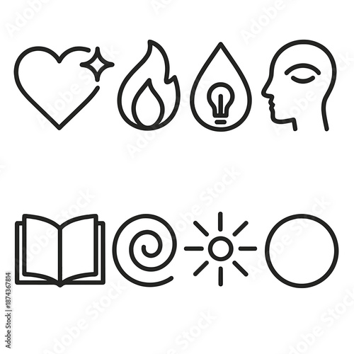 Icons of Inner Insight. Inner Wonder set in outline vector style: heart spark, quiet flame, insight droplet, mindful gaze, open journal, soft swirl, clarity beam, reflective circle