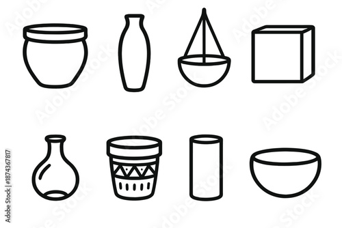 Stylish Planter Icons. Decorative Planters set in outline vector style : wide clay pot, tall ceramic vase, hanging planter, square stone pot, glass bud vase,