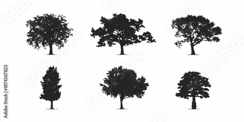 A collection of diverse tree silhouettes against a plain white background