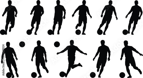 Soccer player silhouette set, football dribbling poses, sports action collection, black vector illustration isolated on white background design template artwork