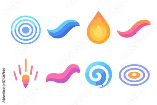 Flowing Energy Icons. Flowing Energy vector set in modern flat style : ripple line, soft wave, glowing droplet, gentle arc, radiant pulse, flowing ribbon, calm swirl, light ripple