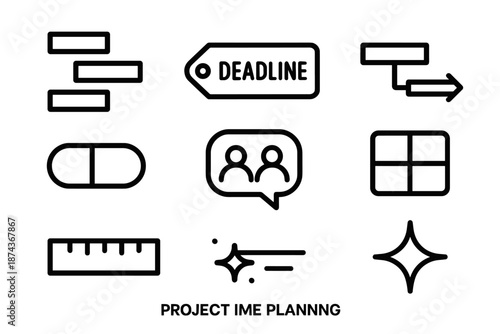 Project Planning Icons. Project Time Planning set in outline vector style: gantt bar, deadline tag, dependency arrow, task capsule, meeting bubble, resource block, timeline ruler, progress spark