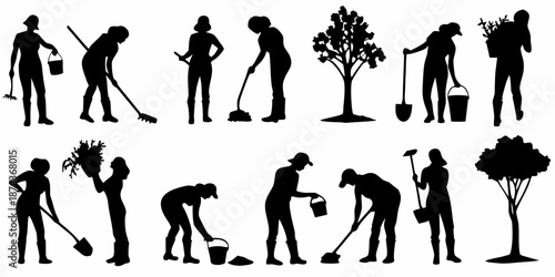 Silhouettes of people gardening and maintaining outdoor spaces with various tools