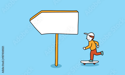 矢印の看板が示す方向へスケボーに乗っていこうとする人物のイラスト