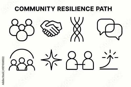 Symbols of Unity. Community Resilience Path set in outline vector style: group circle, shared support hands, unity thread, conversation bubble, collective arc,