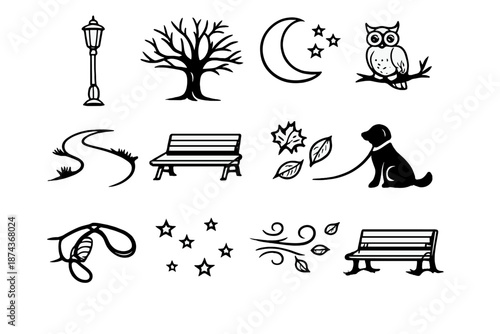 Evening Park Icons. Evening Strollset in outline vector style streetlight, tree silhouette, moon, pathway, owl, park bench, falling leaves, night sky, dog leash, stars, lamp post, gentle breeze