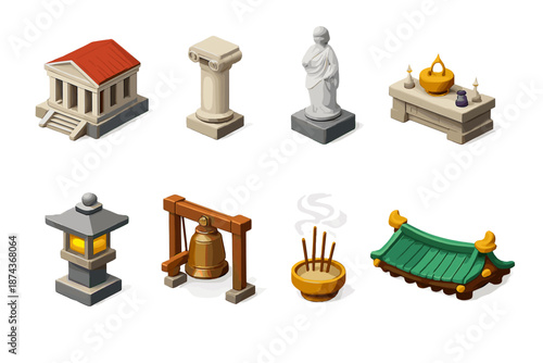 Temple Icon Set. Temple set in isometric flat vector : temple building, pillar, statue, altar, lantern, bell, incense, roof