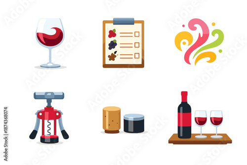 Wine Tasting Icons. Wine tasting vector set in modern flat style : wine glass swirl, tasting notes card, aroma swirl, bottle opener, cork stopper, tasting tray