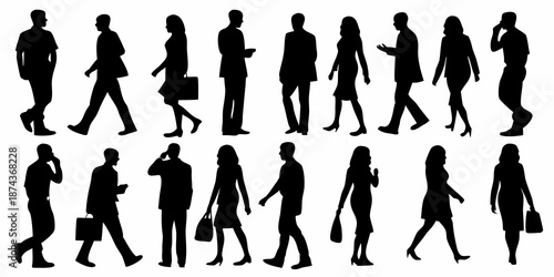 Silhouettes of diverse people walking in various poses and business attire